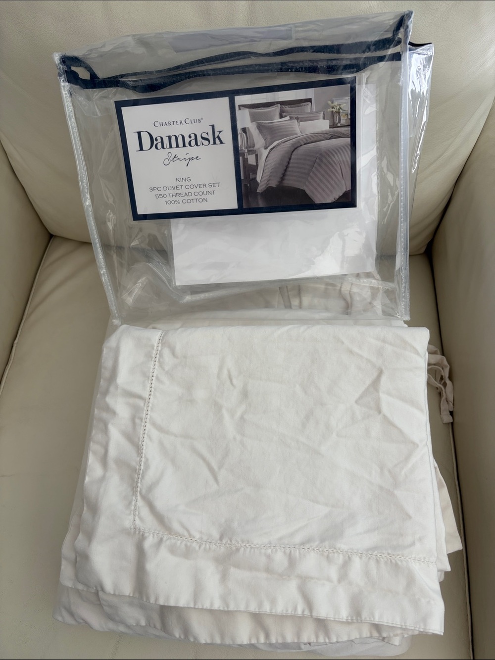 Charter Club White Damask Stripe King Duvet Cover Set